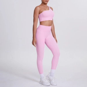 Pink one-shoulder sports bra and high-waisted yoga leggings set for fitness and gym