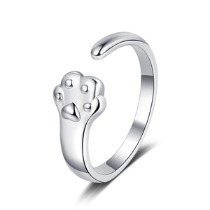 Cute adjustable open ring with a detailed cat paw design in polished silver finish