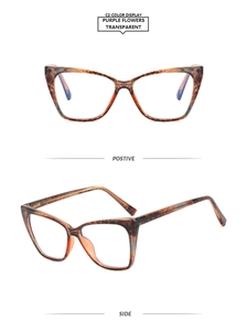 Macro view of TR90 square cat-eye glasses frame in purple flowers transparent pattern