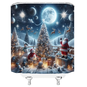 Detail of Christmas shower curtain featuring Santa Claus, snowman and starry night pattern