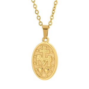 Golden Miraculous Medal pendant necklace in stainless steel with religious engraving