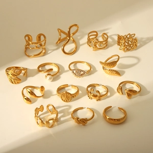 Stainless Steel Open Adjustable Ring Gold Plated Heart Leaf Evil Eye Wave Pattern Waterproof Hypoallergenic Fashion Jewelry