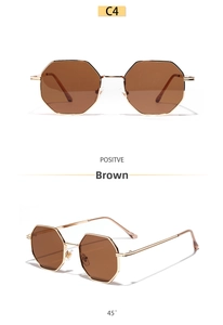 Detailed views of gold polygonal metal sunglasses with brown lenses and thin frames