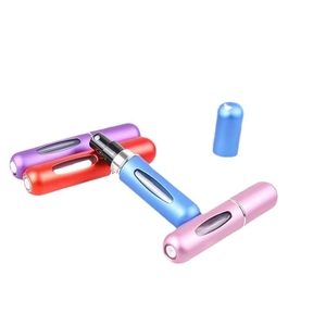 Set of four 5ml refillable perfume atomizer bottles in purple red blue and pink