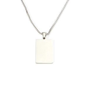 Vertical shot of a silver minimalist rectangle pendant necklace with a sleek box chain