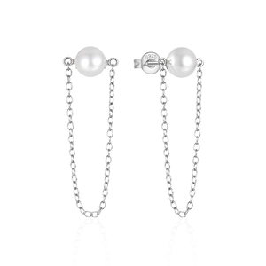 Detail of 925 sterling silver pearl earrings with delicate chain tassels and S925 hallmark