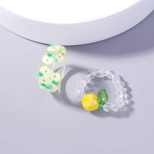 Handmade fruit resin ring with green apple and beaded lemon charm ring set