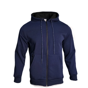 Vue détaillée du sweat à capuche bleu foncé doublé polaire avec fermeture éclair complète