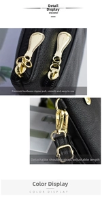 Detail of black litchi leather bag with gold double zippers and detachable shoulder strap