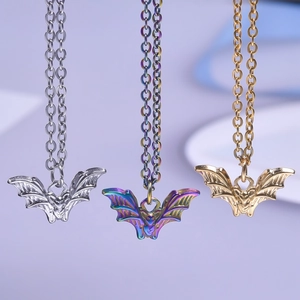Colorful 18K stainless steel bat necklaces in silver, rainbow, and gold finishes