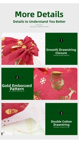 Detail of Christmas burlap gift bag with gold stamping patterns and drawstring closure