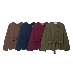 Women's slim fit knit cardigan with waist belt in four classic autumn colors