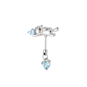 Silver cat ear cartilage stud featuring light blue heart-shaped cubic zirconia stones
