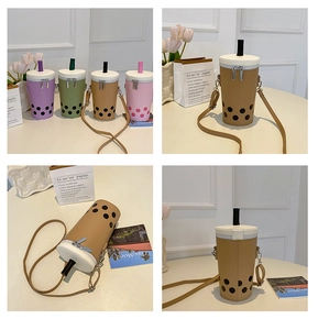 Sweet macaron colored milk tea shaped crossbody bags shown in various angles and details