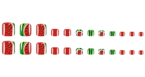24-piece press-on toenails featuring vibrant red and green watermelon patterns and textures
