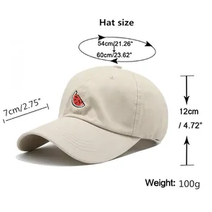 Adjustable beige cotton baseball cap with watermelon embroidery and size specifications
