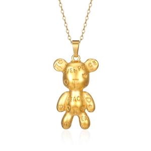 Golden titanium steel teddy bear necklace with 18K gold plating and embossed letters