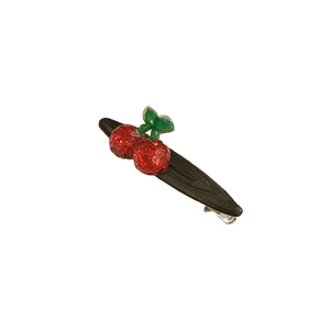 Sweet cherry hair clip with red glitter resin fruit and green leaves on black metal base
