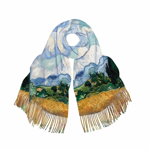 French oil painting style winter scarf with Van Gogh wheat field print and fringe details
