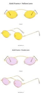 Detail view of oval metal sunglasses in gold yellow and gold purple lens variations