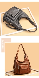 Detail view of versatile soft PU leather backpacks in dark grey and brown with zippers