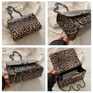 Detailed views of leopard print crossbody bag with chain strap and interior compartments