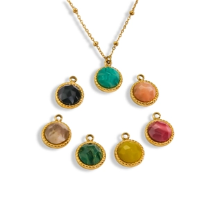 14K gold plated stainless steel necklace featuring seven colorful gemstone pendants