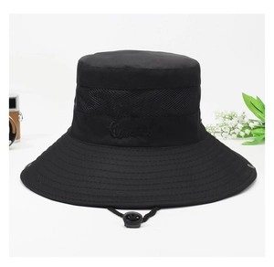 Detail of black outdoor sun hat featuring breathable side mesh and adjustable chin strap