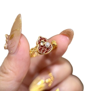 Vergoldeter Kürbis-Ring mit roter Emaille und Perle, verstellbarer orientalischer Vintage-Stil