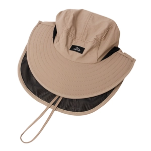 Khaki outdoor sun hat with large brim and neck flap featuring Mount Hood logo
