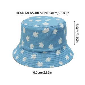 Blue denim bucket hat with white maple leaf print and detailed size dimensions