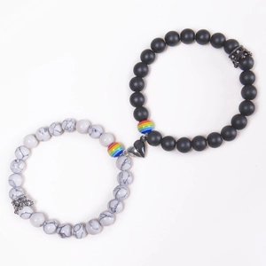 Magnetic Couple Bracelets Natural Stone White Turquoise Matte Beads Crown Charm Heart Clasp Distance Jewelry For Lovers