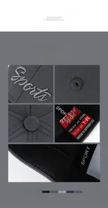 Detail view of dark grey baseball cap with Sports embroidery, sweatband, and sizing labels