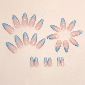 French aurora blue tip almond press-on nails with elegant white pearl accents