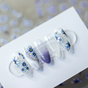 3D floral nail stickers with daisy designs, purple gradients, and silver glitter accents