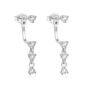 Detailed view of S925 sterling silver J-shaped earrings with clear cubic zirconia stones