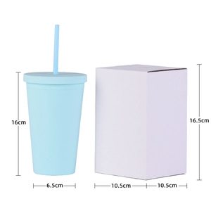 Light blue 16oz double-layer plastic straw cup with dimensions and packaging box