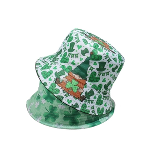 Green St. Patrick's Day bucket hat with shamrock patterns and Irish gnome prints