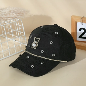 Casquette De Baseball Femme Tissu Jacquard Ours Künstliche Perle Chaîne Strass Chapeau Soleil Mode