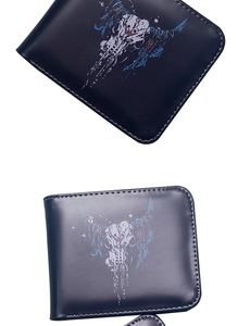 Detail of navy blue leather wallet featuring a stylish blue and white bull head pattern