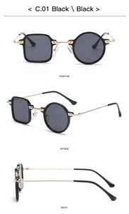 Trois vues de lunettes de soleil noires asymétriques avec cadres ronds et carrés