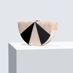 Chic semicircular acrylic clutch bag with marble texture and geometric black triangle pattern