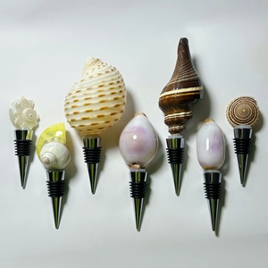 Set of 7 natural seashell wine bottle stoppers with metal cones and rubber seals