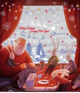 Detail of Christmas Santa and bunnies in train cabin with festive window stickers