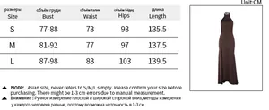 Size chart for the satin split evening dress including bust waist hips and length data