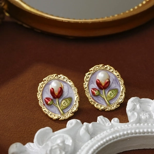 Vintage Baroque earrings with purple enamel, white pearl and golden floral frame
