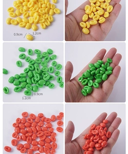 Macro detail of colorful resin coffee bean models with precise 0.9x1.2cm size measurements