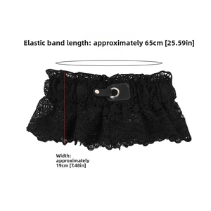 Black lace elastic corset belt with leather panel and silver ring showing size dimensions