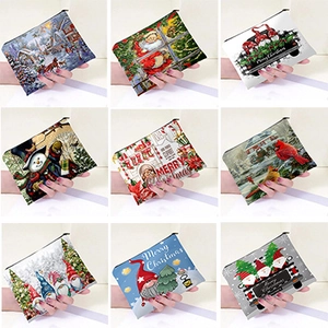 Christmas Makeup Bag Polyester Zippered Cosmetic Pouch Portable Travel Wash Bag Festive Santa Gnome Snowman Print For Women
