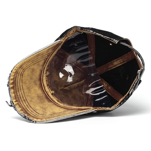 Vintage black denim baseball cap with distressed ripped edges and a curved brim